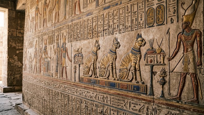 Un muro egipcio cubierto de jeroglíficos y arte antiguo en relieve donde destacan elegantes figuras de gatos pintadas en
