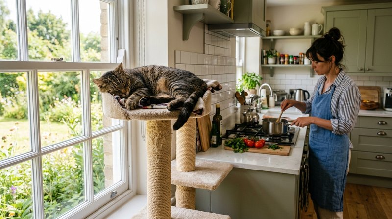 Un gato marrón dormitando tranquilo en su rascador alto junto a la ventana mientras al fondo alguien cocina en una encim
