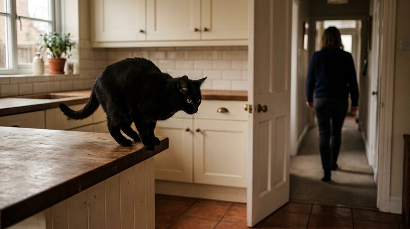 Un gato negro trepando a escondidas a la encimera de la cocina vacía mientras al fondo, por la puerta entreabierta, se a