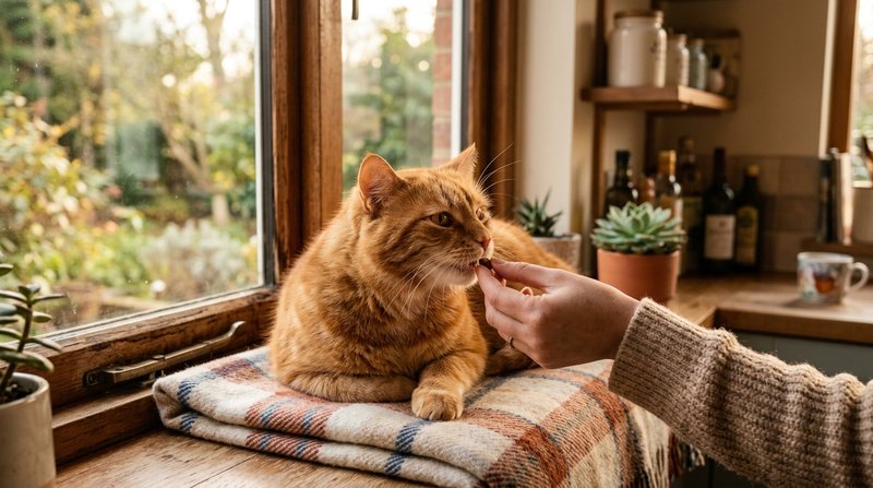 Un gato naranja tumbado en una repisa alta junto a una ventana recibiendo un snack de la mano de su persona, cerca de la