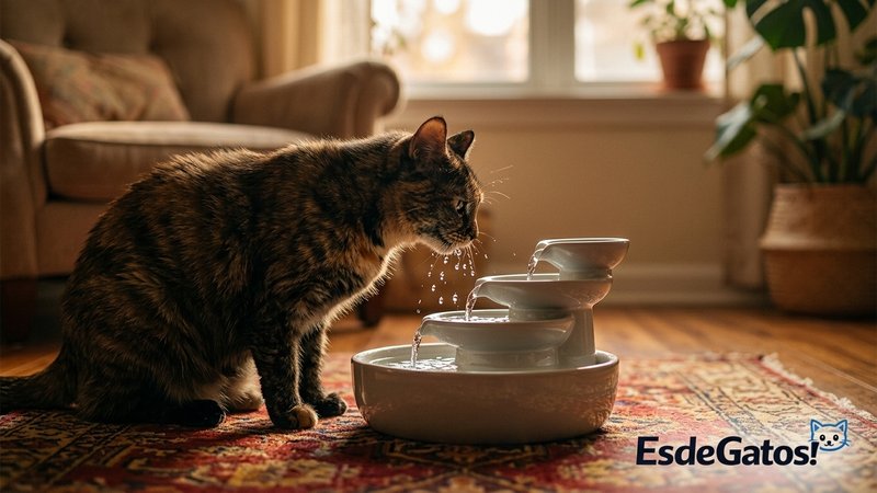 Un gato realista bebiendo de una fuente de agua para gatos en el suelo de una casa acogedora, gotas de agua nítidas, luz