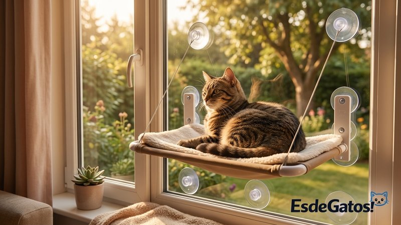 Un gato realista tumbado en una hamaca con ventosas pegada a una ventana, observando el exterior con tranquilidad, luz c