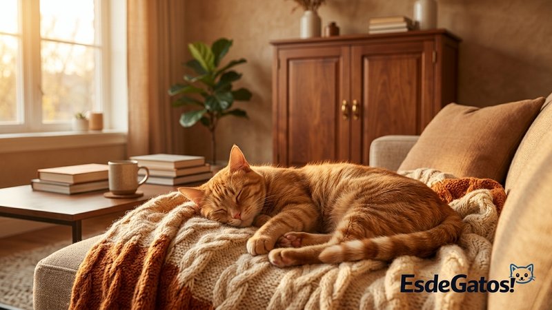 Un gato realista descansando tranquilo en un salón ordenado y seguro, con los productos de limpieza guardados en un arma