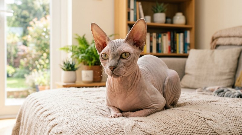 Un elegante gato esfinge sin pelo de piel arrugada y orejas enormes, sentado con porte sereno sobre una manta clara en u
