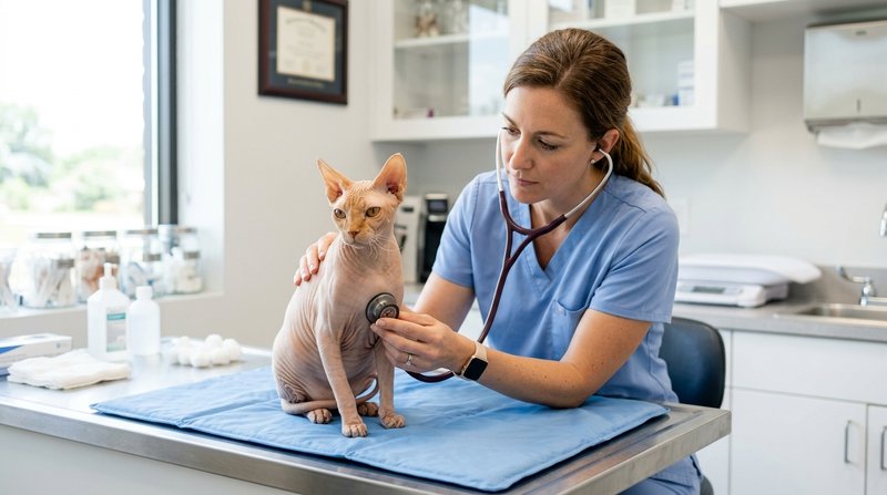 Un veterinario auscultando con un estetoscopio el pecho de un gato esfinge tranquilo sobre una camilla de consulta lumin