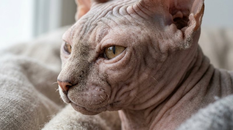 Un primer plano de la piel desnuda y ligeramente arrugada de un gato esfinge, textura de fina pelusa apreciable a la luz