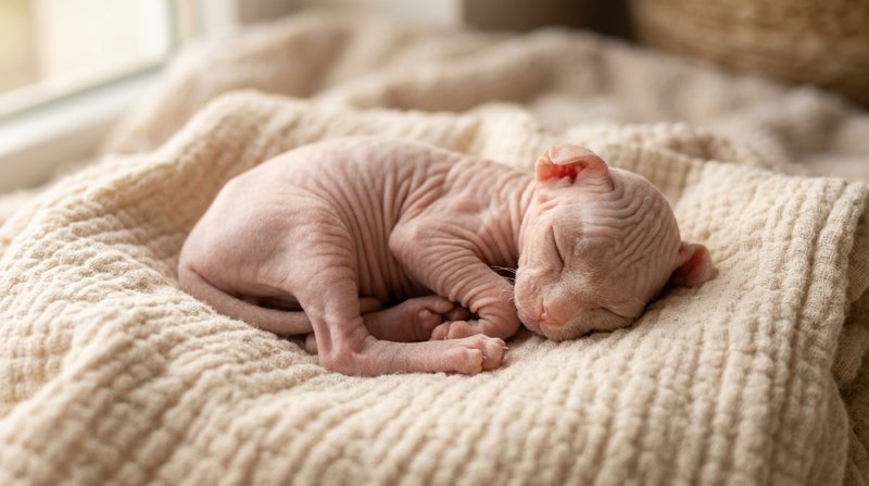 Un tierno gatito esfinge recién nacido totalmente sin pelo acurrucado sobre una toalla blanda de color claro, cuerpo peq