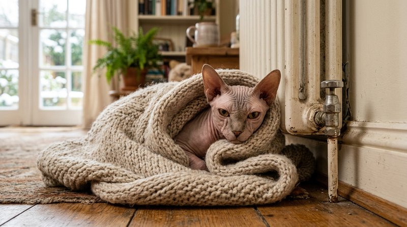 Un gato esfinge envuelto en una mantita suave junto a un radiador de una casa acogedora, buscando calor con gesto de pla