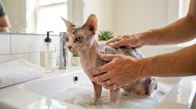 Un gato esfinge siendo bañado con cuidado en un lavabo con agua tibia y espuma suave, unas manos humanas enjabonándolo c