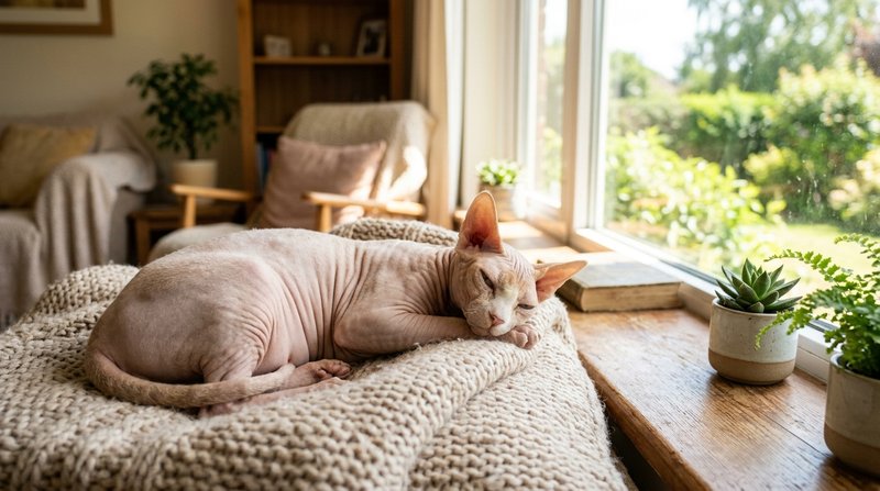 Un gato esfinge descansando a la sombra cerca de una ventana soleada de un salón, piel protegida del sol directo, expres