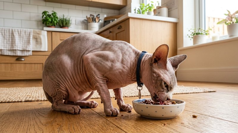 Un gato esfinge comiendo con apetito de un cuenco sobre el suelo de una cocina luminosa, cuerpo musculoso y postura acti