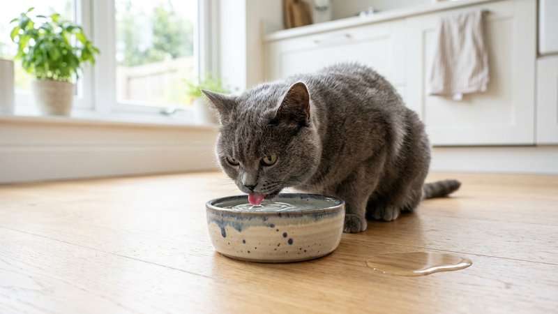 Un gato gris bebiendo agua fresca de un cuenco de ceramica sobre el suelo de la cocina, gotas brillando alrededor, luz n