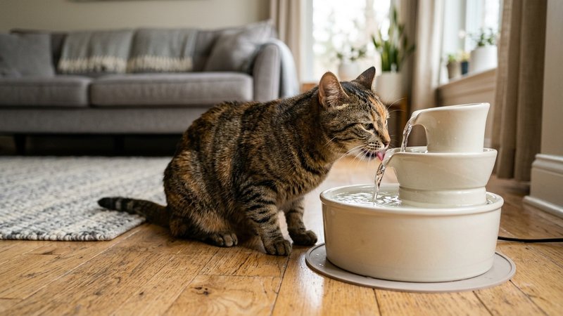 Un gato atigrado bebiendo del chorro de una fuente de agua para gatos que mana en movimiento, sobre el suelo del salon,