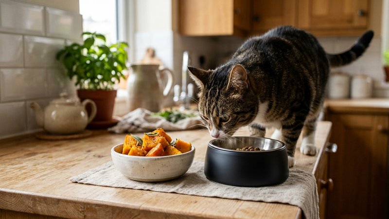 Un cuenco pequeño con trozos de calabaza cocida junto al comedero de un gato curioso que lo olfatea, sobre una encimera