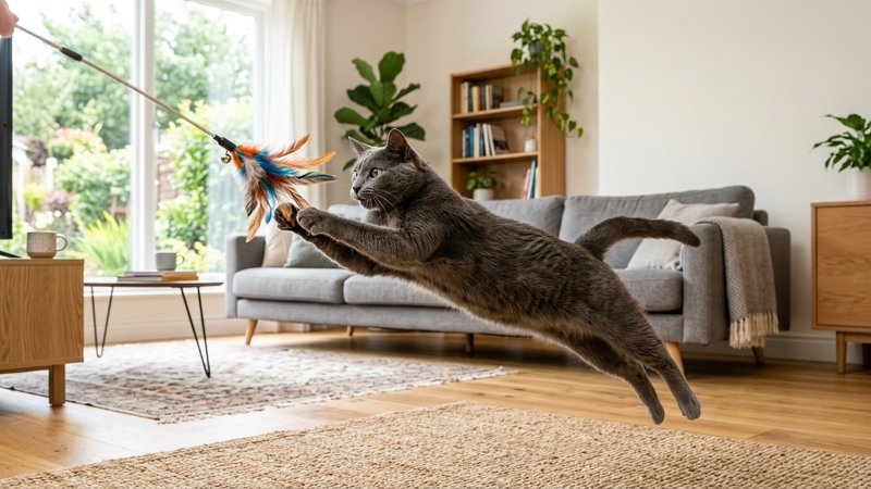 Un gato gris saltando y jugando con una caña con plumas en un salon amplio y luminoso, cuerpo estirado en pleno movimien