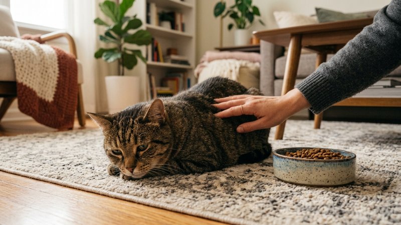 Un gato marron apartando la cabeza de su comedero lleno, tumbado con actitud decaida en el suelo del salon, una mano hum