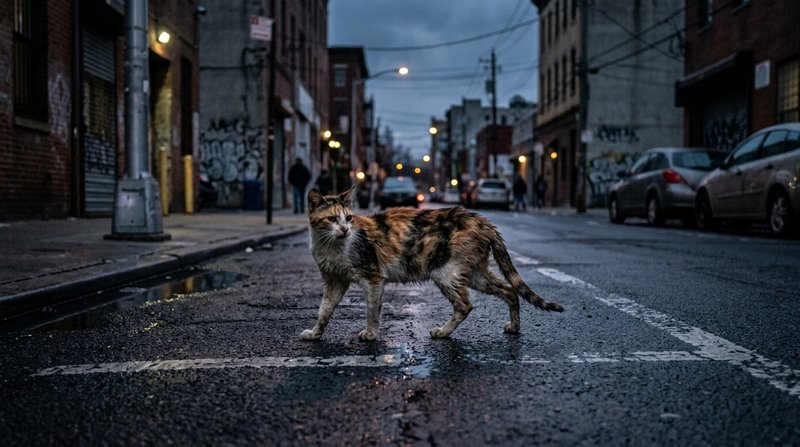 Un gato callejero delgado y alerta cruzando una calle urbana gris al anochecer, postura tensa y mirada vigilante que tra