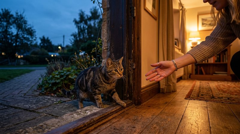 Un gato asomado en el umbral de una puerta al atardecer mientras una mano lo invita a entrar en casa, ambiente de transi