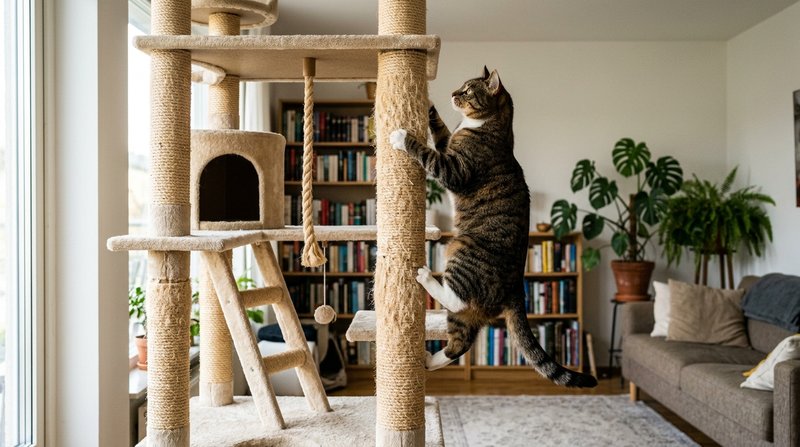 Un gato trepando con agilidad por un alto árbol para gatos con rascador y plataformas en una sala doméstica, gesto activ