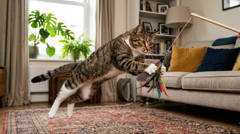 Un gato en pleno salto atrapando un juguete de plumas movido con una caña dentro de un salón, cuerpo estirado y mirada d