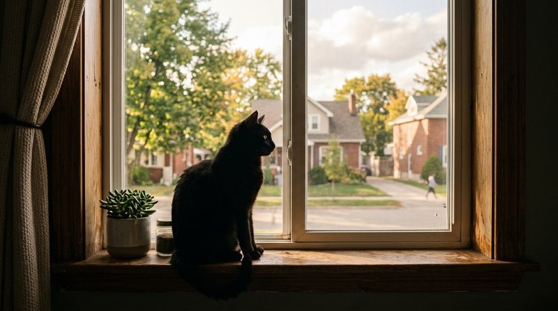 Un gato sentado en una repisa junto a una gran ventana observando el exterior con atención, silueta serena contra la luz