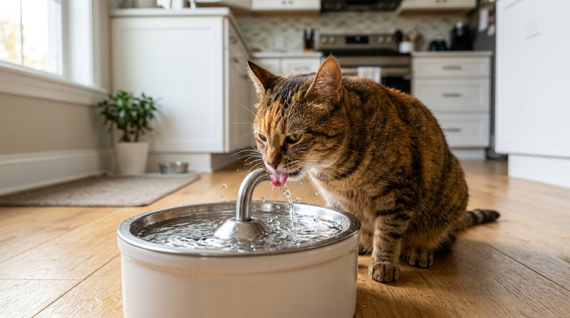 Un gato bebiendo de una fuente de agua en movimiento en el suelo de una cocina limpia, gotas nítidas y pelaje sano, luz