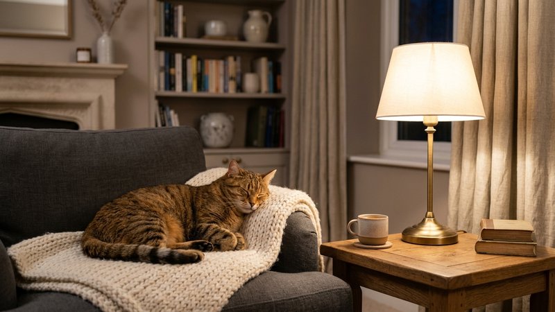Un gato tranquilo descansando junto a una lámpara encendida en un salón acogedor y elegante, expresión relajada y discre