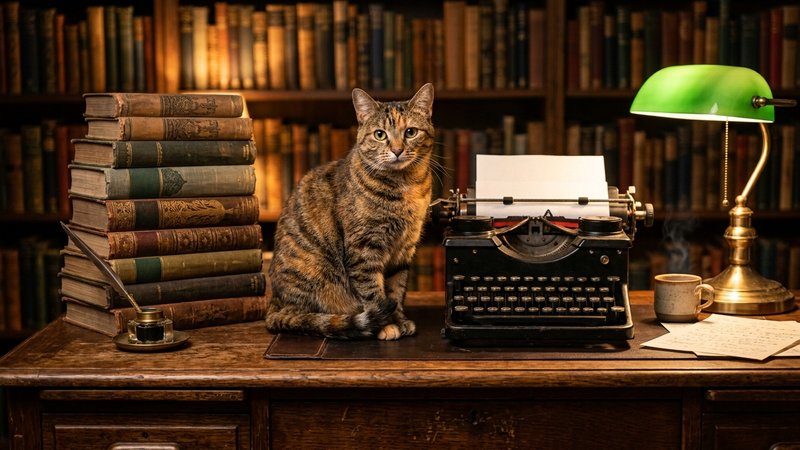 Un gato con pelaje atigrado sentado sobre un escritorio antiguo de madera junto a una máquina de escribir clásica y libr