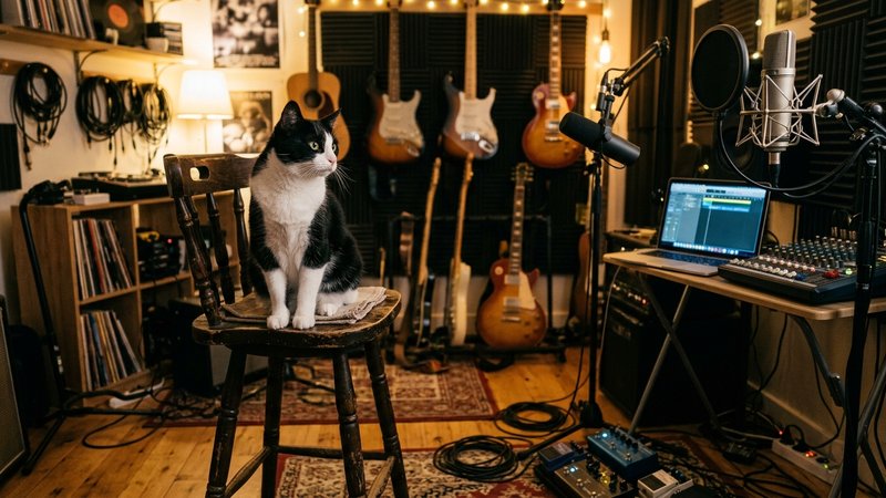 Un gato negro y blanco observando desde un taburete en un pequeño estudio de música con instrumentos y micrófonos al fon