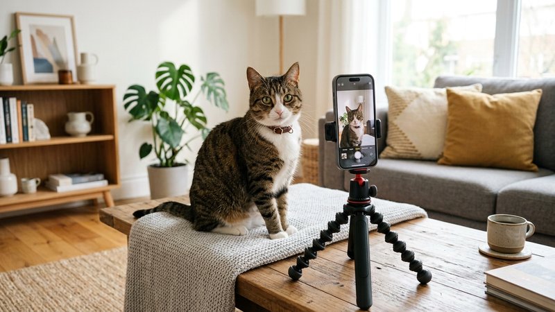Un gato posando frente a un teléfono móvil sujeto en un trípode que lo fotografía, actitud carismática y desenvuelta, sa
