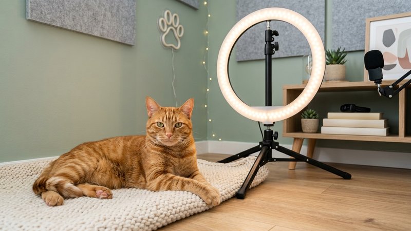 Un gato posando con soltura ante un aro de luz de fotografía en un rincón preparado para grabar contenido, actitud de es