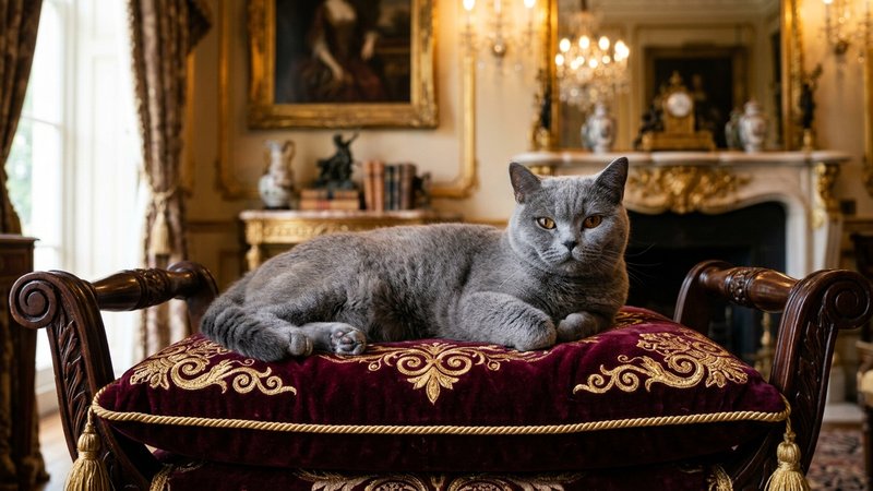 Un gato de pelaje cuidado recostado sobre un cojín de terciopelo con detalles dorados en un entorno lujoso y ornamentado