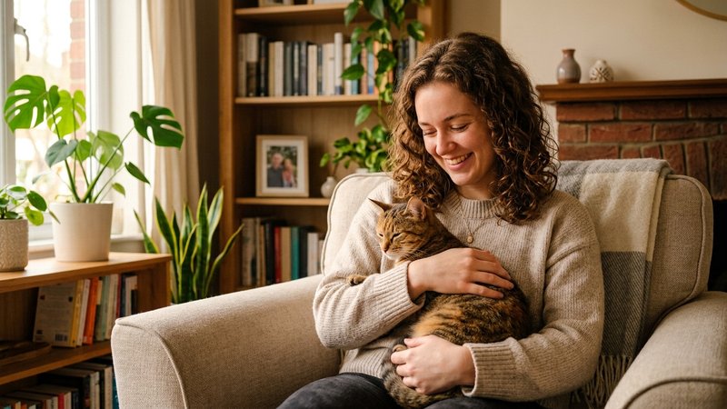 Una persona sosteniendo con ternura a un gato recién adoptado en un salón hogareño y cálido, ambos relajados y felices,