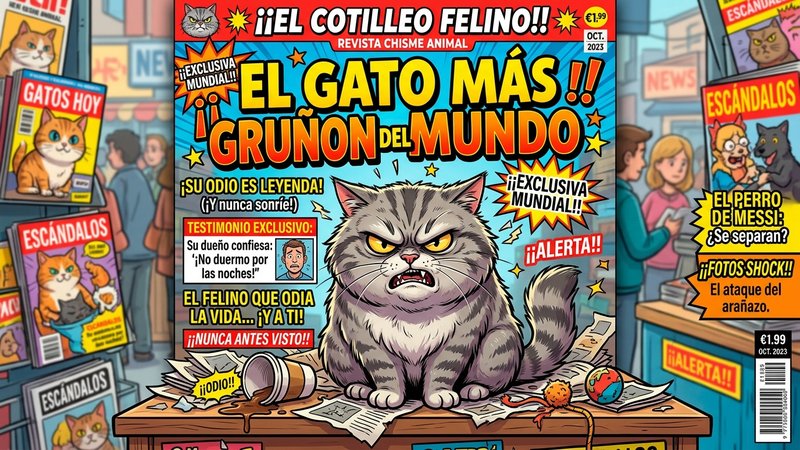 Un gato pequeño de pelaje claro con una expresión permanente de enfado y la mirada de pocos amigos, sentado sobre una me