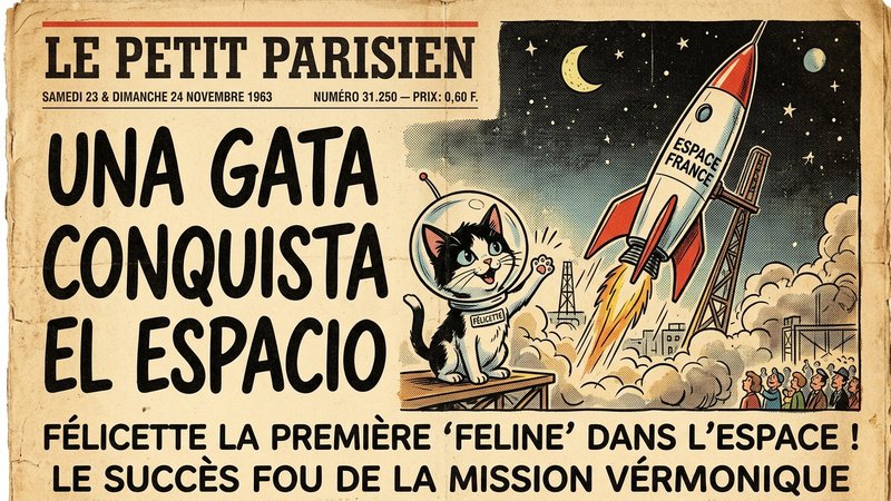 Una gata blanca y negra con un pequeño casco y sensores de estilo retro de los años sesenta, dentro de una cápsula espac