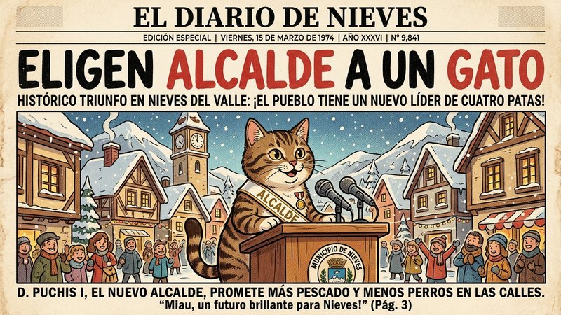 Un gato con actitud de autoridad sentado tras un pequeño escritorio de madera en un rústico pueblo de montaña nevado al