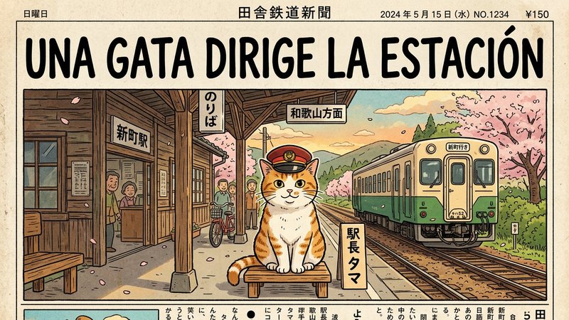Una gata con una gorra de jefe de estación de tren posando en el andén de una pequeña estación rural japonesa, con vías