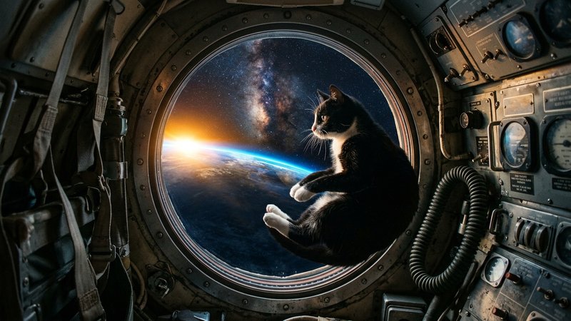 Una gata blanca y negra flotando ingrávida dentro de una cápsula espacial retro, mirando por una ventanilla redonda haci