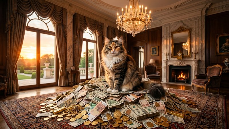 Un gato de porte majestuoso sentado sobre un montón de billetes y monedas de oro en el salón de una mansión con lámpara