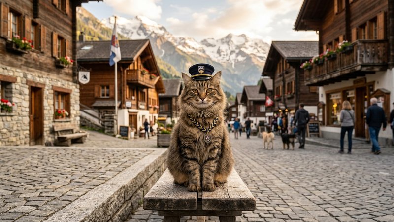 Un gato con una pequeña banda ceremonial y un gorro de alcalde, posando en la calle principal de un pueblo pintoresco de