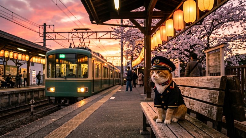 Una gata con gorra de jefe de estación sentada en el andén de una estación de tren japonesa al atardecer, con farolillos