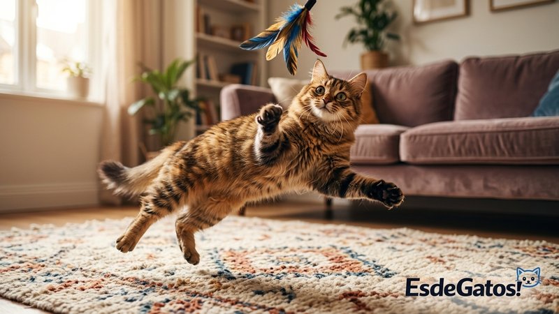 Un gato jugando entusiasmado con un juguete de plumas sobre la alfombra de una sala hogareña y cálida, cuerpo en pleno s