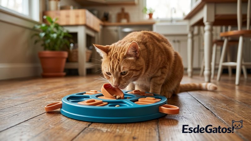 Un gato curioso olfateando y buscando un premio dentro de un comedero de juego tipo puzzle sobre el suelo de una cocina