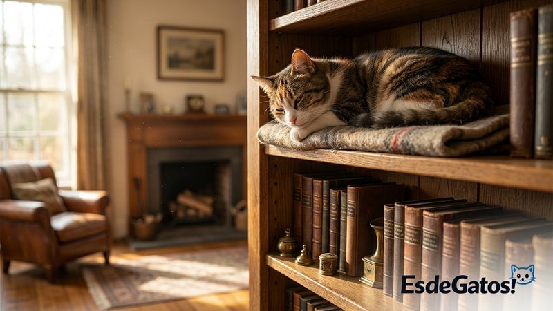 Un gato satisfecho descansando en lo alto de una estantería o balda elevada de una sala hogareña y cálida, observando su