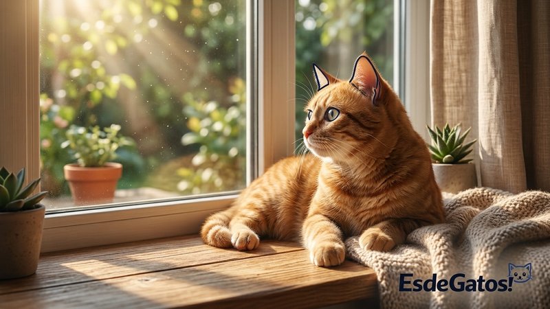 Un gato tranquilo tumbado en la repisa de una ventana soleada mirando hacia el exterior con curiosidad, rayos de sol cál