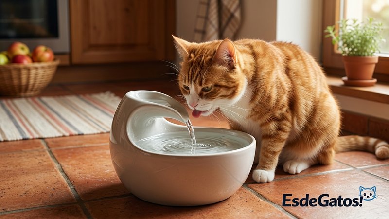 Un gato sano bebiendo de una fuente de agua para gatos en el suelo de una cocina hogareña y cálida, agua en movimiento y