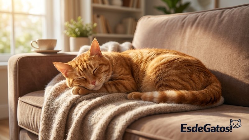 Un gato adulto sano y contento de pelaje brillante descansando plácidamente en un sofá de un salón cálido y luminoso, as