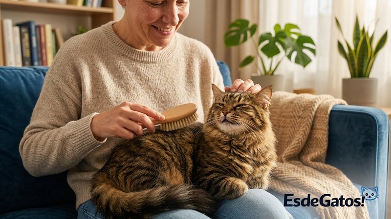Una persona acariciando y cepillando con cariño a su gato feliz en el sofá de un salón cálido y acogedor, el gato con lo