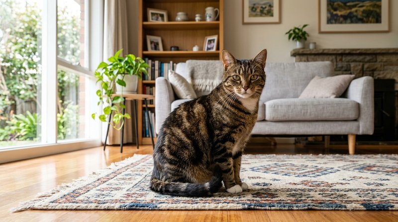 Un gato atigrado adulto de aspecto sano y pelaje brillante, sentado y relajado sobre una alfombra en un salón luminoso,