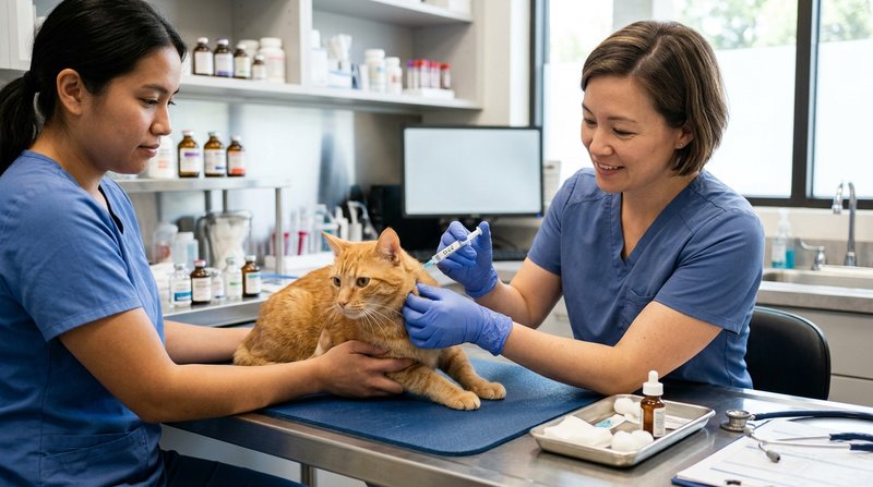 Una veterinaria vacunando con mucha delicadeza a un gato tranquilo sujeto con suavidad sobre la mesa de la consulta, ges